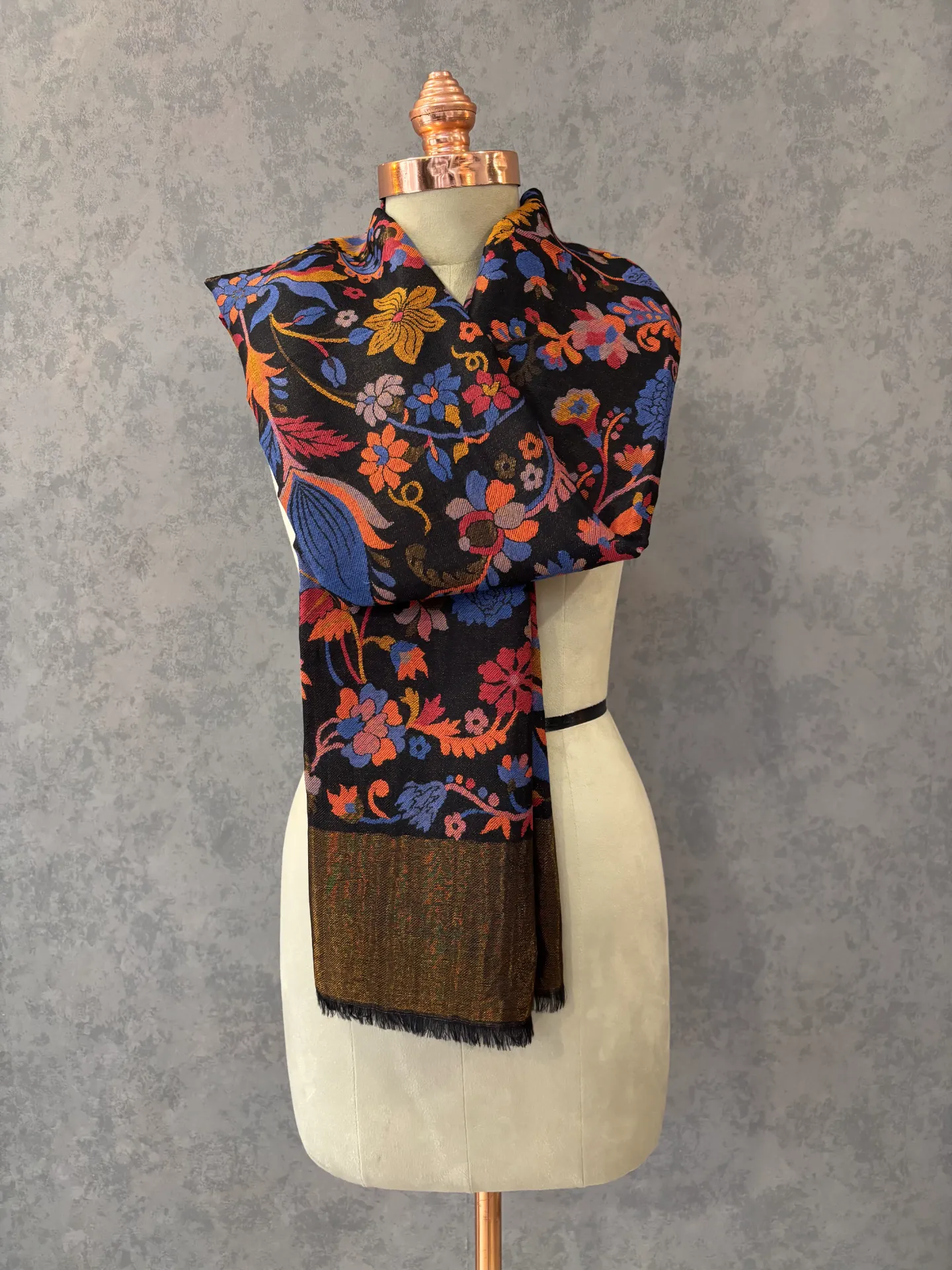 Black Floral Fine Wool Stole - Stylish Winter Scarf for Women