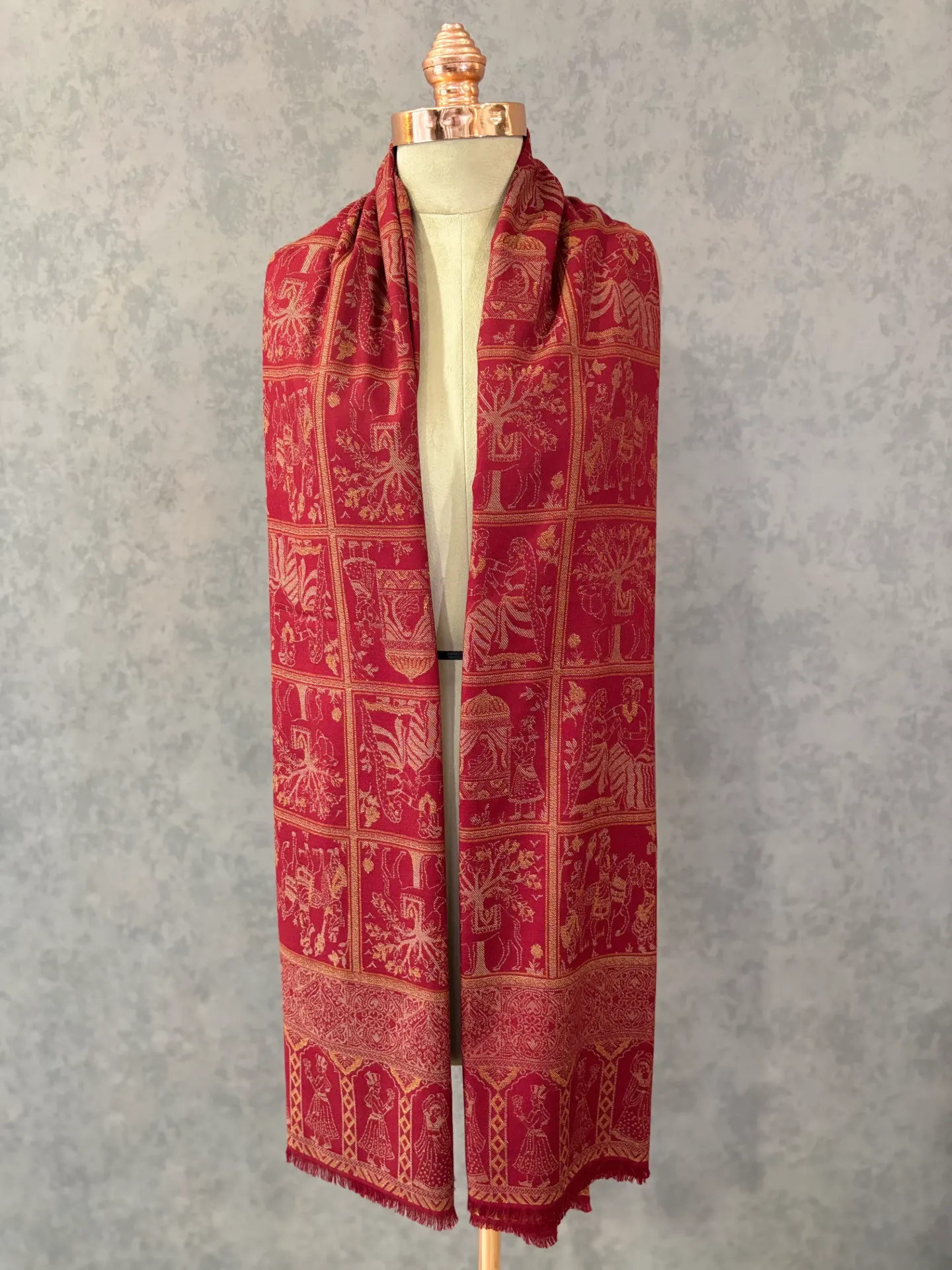 Maroon Wool Feel Shawl | Woven Floral Darbar Design
