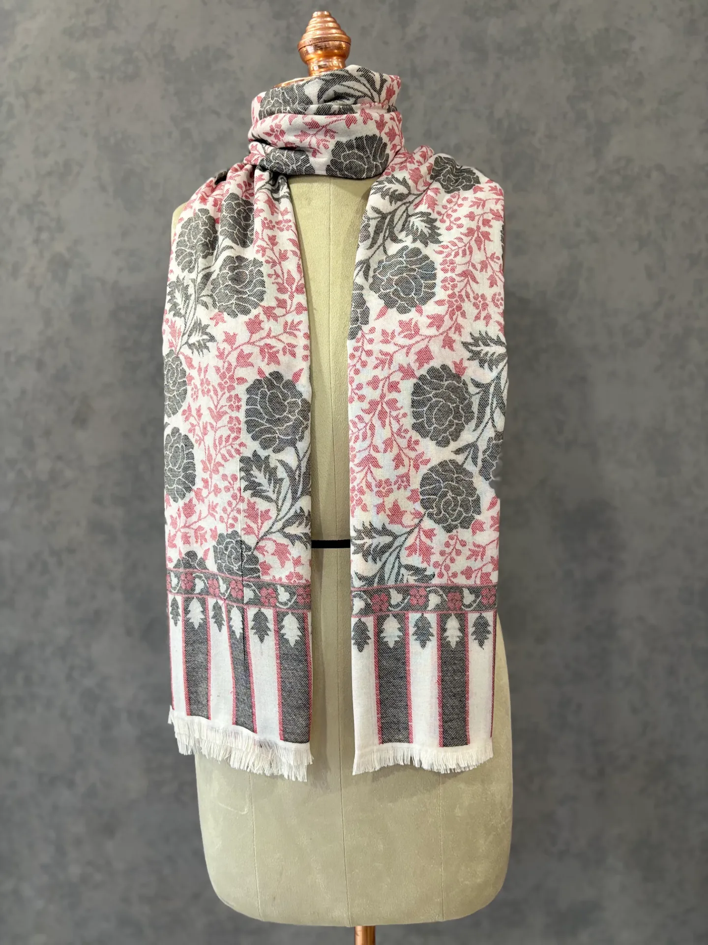 White Wool Feel Shawl | Woven Darbar Motifs Design