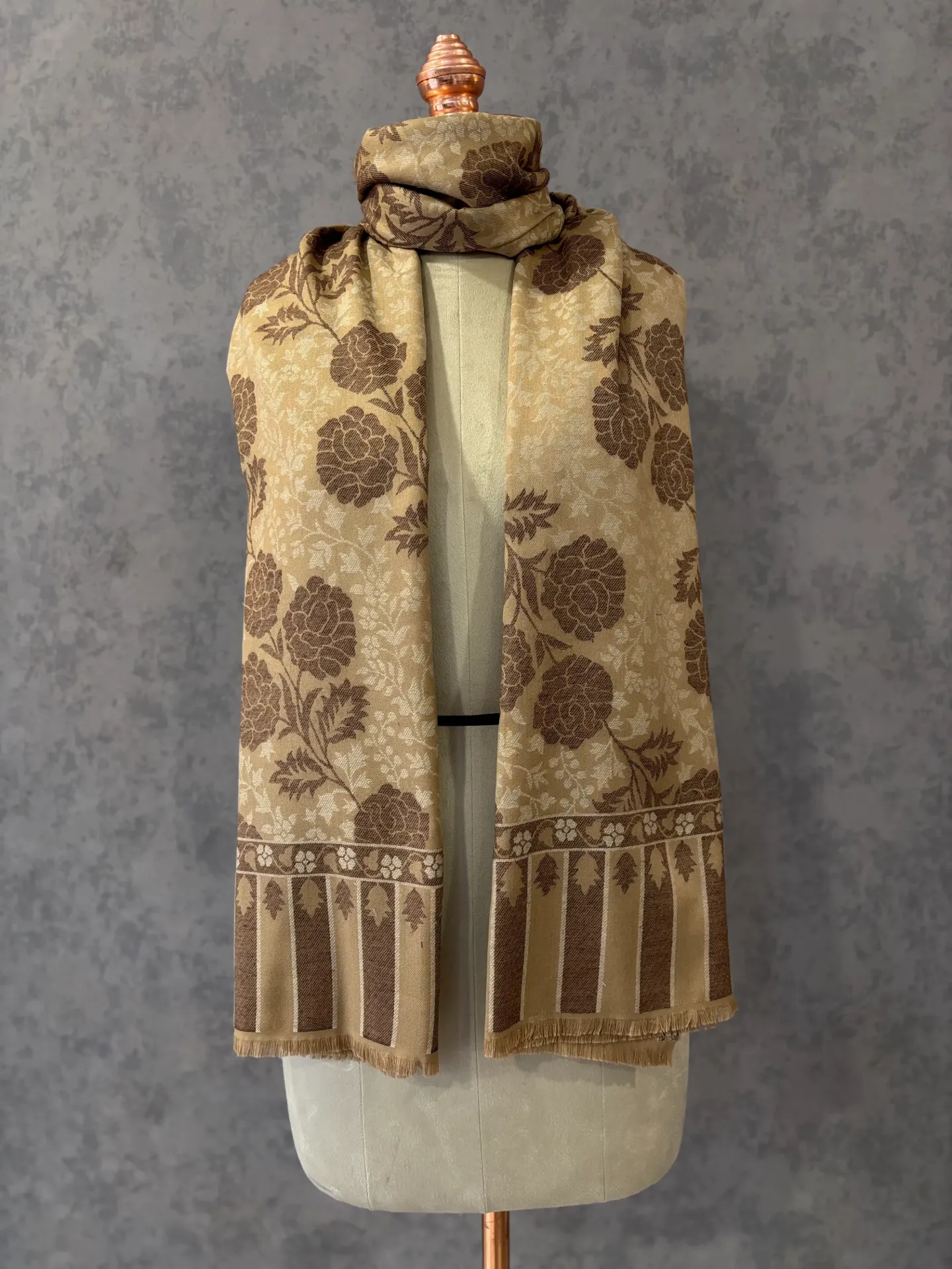 Beige Kashmiri Kaani Shawl | Elegant Floral Design