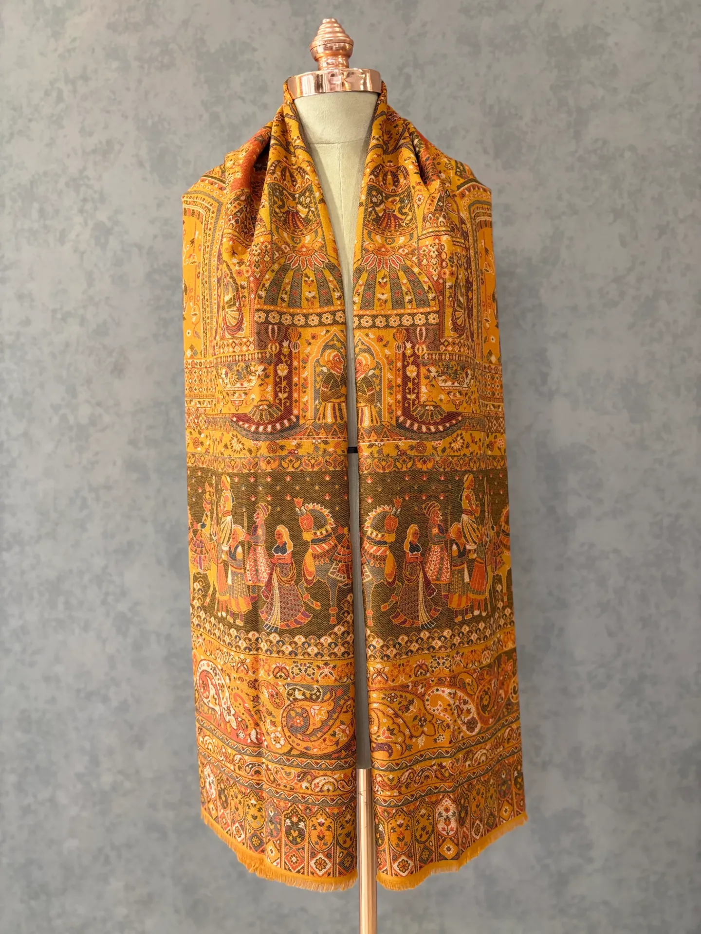 Mustard Wool Blend Shawl | Woven Kashmiri Kaani Design