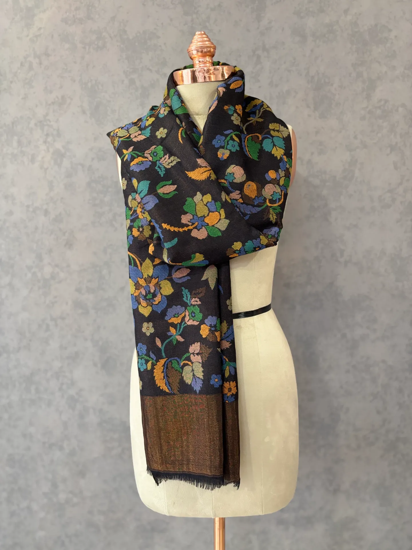 Black Fine Wool Shawl | Elegant Woven Floral Motifs