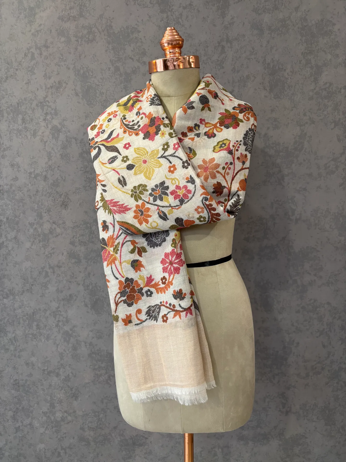 White Fine Wool Shawl | Woven Floral Design